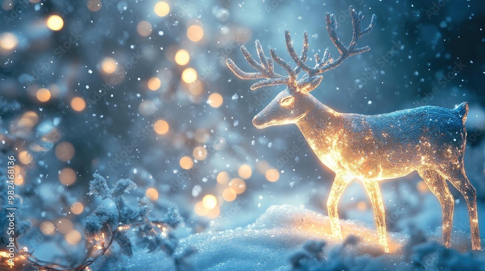 Poster a glowing reindeer stands amidst a snowy landscape filled with sparkling lights, creating a magical 