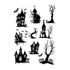 Set of haunted houses and bats silhouettes for Halloween decor.