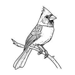 Cardinal bird perched on a branch in black and white line art. A detailed black and white illustration of a cardinal bird sitting on a branch, showcasing elegant line work