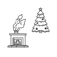 A detailed black-and-white hand-drawn illustration of a fireplace, stockings, and a bell, symbolising the Christmas season