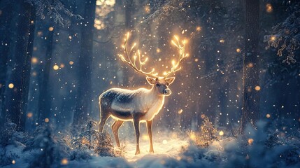 A magical deer in a snowy forest, adorned with glowing antlers, creating a serene and enchanting winter wonderland scene.