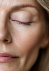 Fototapeta premium A close-up portrait of a woman with a serene expression, showcasing smooth skin and an eye gently closed.