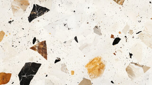 Cream terrazzo marble surface with abstract, earthy inclusions, perfect for high-end interior decor projects.