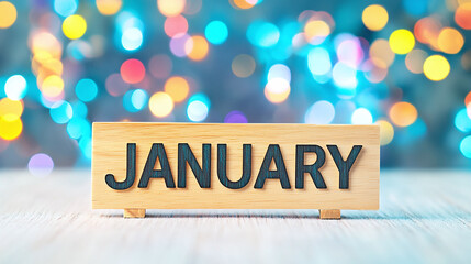 January typography - new month bokeh background. 