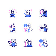 Teen problems - line design style icons set. Anger, depression, loneliness, bad habits and addiction, personal identity, previous interests forsake, fear, aloofness, insecurity. Psychological issues