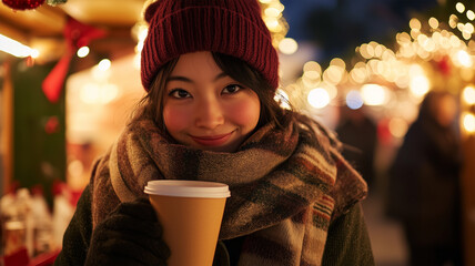 クリスマスマーケットでホットココアを楽しむ日本人学生