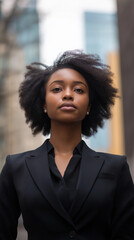 Portrait of a beautiful black afro american woman in suit outdoors with a blurry business center in backdrop