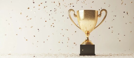 3D Render Of A Golden Trophy With Confetti On A White Background