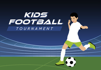 Banner advertising of a football match. Advertisement of football courses. The boy plays football in the stadium. The boy kicks the ball. Professional children's football. Children's football team