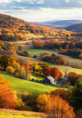 Naklejka premium A scenic autumn landscape featuring vibrant foliage, rolling hills, and a quaint farmhouse nestled in the picturesque countryside.