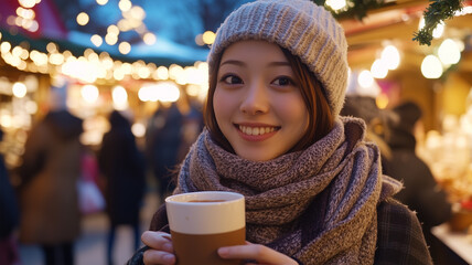クリスマスマーケットでホットココアを楽しむ日本人学生