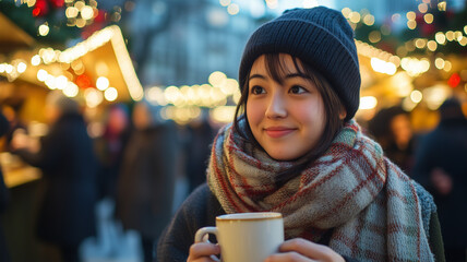 クリスマスマーケットでホットココアを楽しむ日本人学生