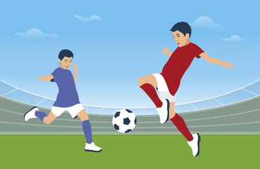 Young football players play football at the stadium. The boys compete for the ball. Professional children's football. Children's football team. Vector illustration. Flat design
