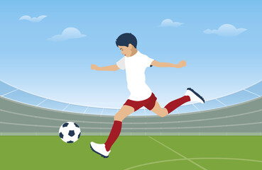 Obraz premium The boy plays football in the stadium. The boy kicks the ball. Professional children's football. Children's football team. Vector illustration. Flat design