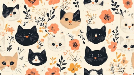 Adorable seamless pattern featuring cat faces on a floral backdrop Vintage inspired print suitable for apparel textiles and paper products Hand drawn illustration for decorative and design purposes