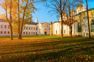 Veliky Novgorod, Russia. Clock Tower of St Sophia Cathedral and fallen autumn leaves on the...