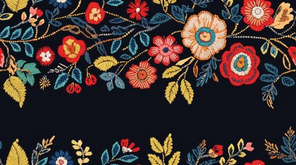 Traditional embroidery lace border design featuring ethnic flowers and leaves on a black background suitable for digital and textile print on fabric