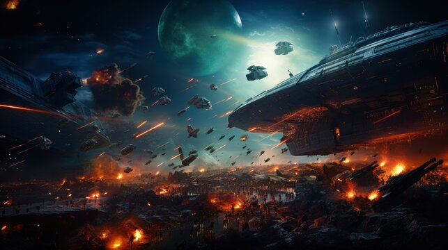 Epic space battle scene featuring futuristic spacecraft and fiery explosions amid a star-lit backdrop perfect for sci-fi themes, space-related content, movie posters, or game graphics, - Powered by Adobe