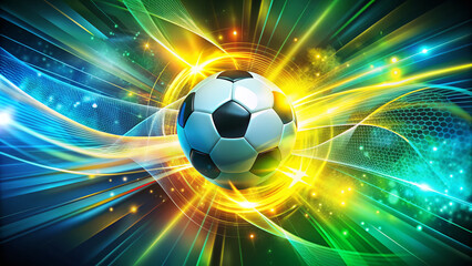 Naklejka premium Vibrant abstract background featuring stylized football icons, geometric lines, and radiant glowing effects in shades of blue, green, and yellow, evoking energy and dynamism.