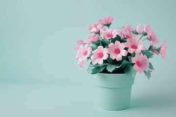 Pink paper flowers in a mint green pot, showcasing a delicate arrangement against a soft pastel background Perfect for decoration and floral themes