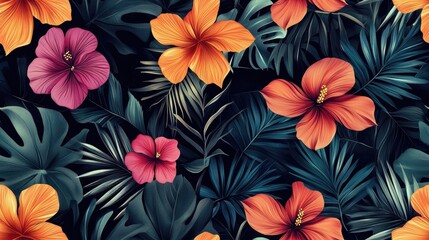 Vibrant Seamless Pattern Featuring Tropical Flowers and Foliage High Quality Fashion Design Fresh and Unique Botanical Backdrop