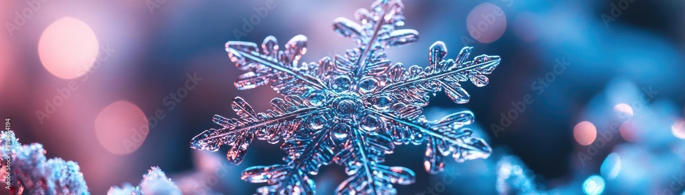 Poster A stunning snowflake captured in intricate detail, showcasing its unique patterns against a soft, colorful background.