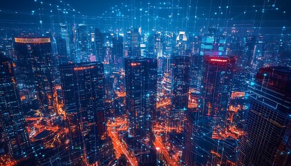 Fototapeta premium Downtown from above at night, traced with glowing network lines across finance districts.