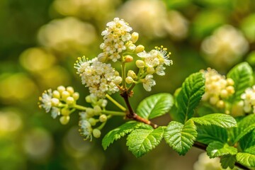 Poison oak bushes bloom with intricate clusters of small off-white flowers, set against a soft focus green backdrop, recalling forgotten summers.