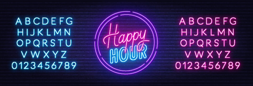 Happy Hour neon sign on dark background.