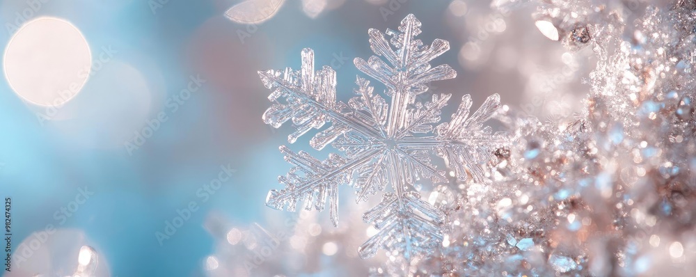 Poster A beautiful close-up of a snowflake resting on a frosty surface, capturing the delicate details and shimmering ice crystals.