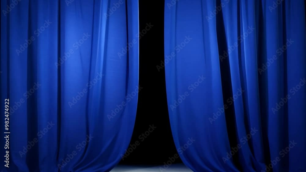 Poster the vibrant blue curtains hang in a theater space, softly illuminated, setting a dramatic backdrop f