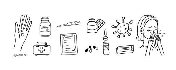 Set of healthcare and medicine vector illustration. The woman blows her nose into a handkerchief and sprays medicinal spray. Health, pill, pharmacy, ambulance, doctor.