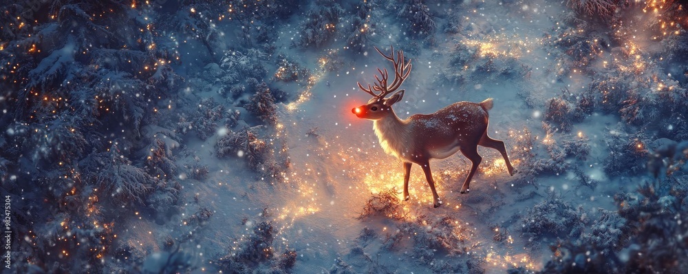 Aufkleber a majestic reindeer illuminated by magical lights in a snowy landscape, creating a serene winter atm