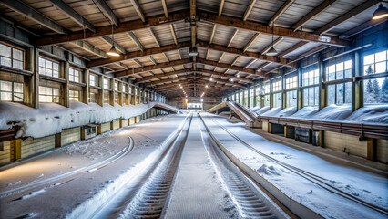 Forgotten indoor ski track lies still, its pristine snow surface untouched, awaiting skiers' return, amidst eerie silence and dim, abandoned grandeur.
