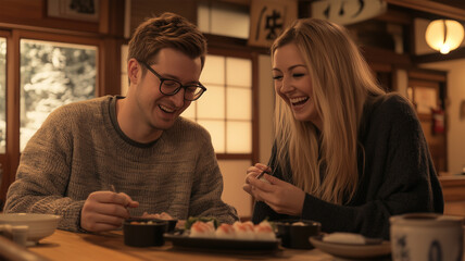 Fototapeta premium 外国人カップルが日本料理を楽しむ