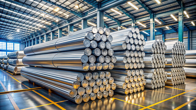 Stacks of thick aluminum rods bundled and organized in a warehouse, awaiting remelting for production of foil, alloys, and various metal products in metallurgy industry.