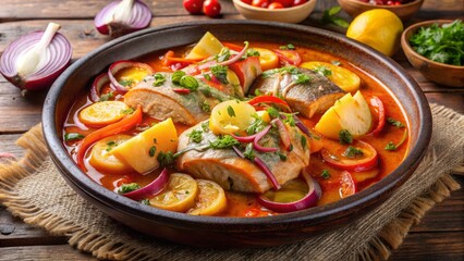 Succulent fish and seafood are layered with caramelized onions and baby potatoes, then slow-cooked in a fiery broth.
