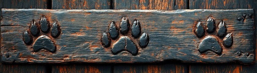 Naklejka premium Weathered wooden plank with three bear paw prints engraved, perfect for use in nature-themed designs, outdoor adventure branding, or rustic home decor visuals,