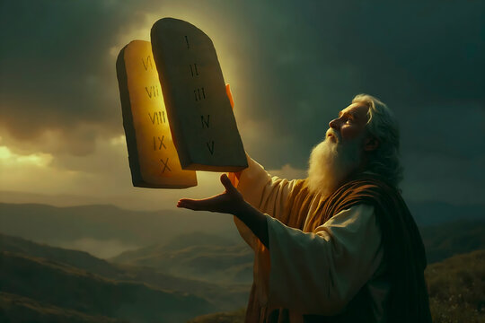God gave Moses the Ten Commandments on Mount Sinai, a pivotal moment in biblical history, divine revelation, moral guidance to Moses for the human spiritual journey. moses holding 2 two stone tablets