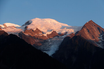 Beautiful light of sunset in Mont Blanc Massif (Alps), from Chamonix in Haute Savoie, France