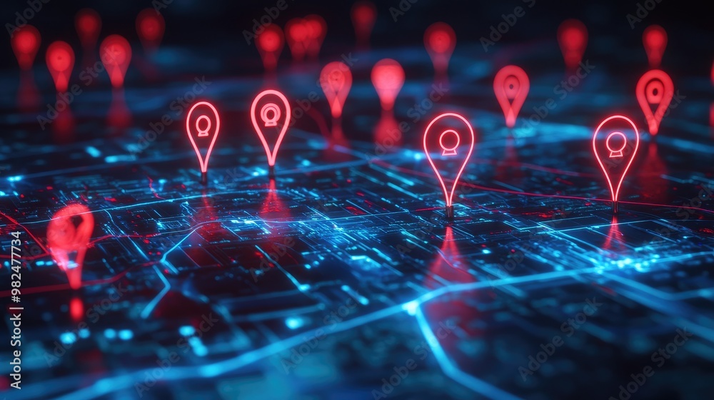 Poster digital map with red and blue pinpoints, emphasizing geospatial data and location insights, ideal fo