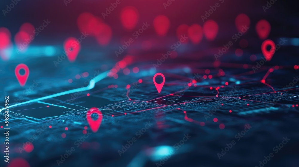 Poster digital map with red and blue pinpoints, emphasizing geospatial data and location insights, ideal fo