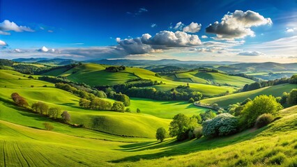 The expansive green field stretches out before you, featuring gentle rolling hills and a bright blue expanse of