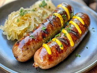 A plate of sausages with mustard and sauerkraut on a wooden board at the Oktoberfest festival