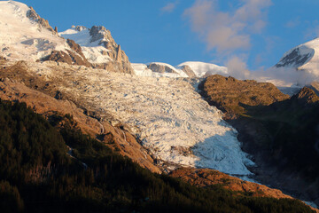 Beautiful light of sunset in Mont Blanc Massif (Alps), from Chamonix in Haute Savoie, France
