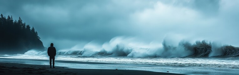 Fototapeta premium Lone figure on stormy Pacific beach with massive waves crashing