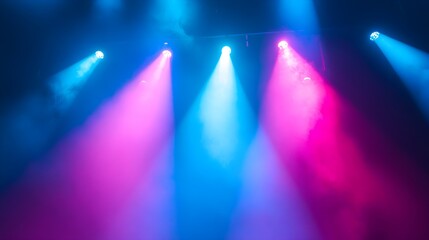 Vivid beams of neon blue and pink light pierce through the mist on a concert stage, creating a dynamic and energetic atmosphere. The high contrast between the intense light and the shadows adds 