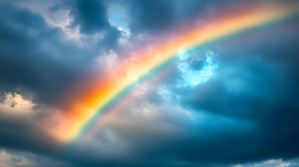 A brilliant rainbow spans the sky following a rainstorm, with its vivid colors contrasting sharply with the remaining dark, moody clouds. The rainbow's arc is clearly defined, providing a bright 