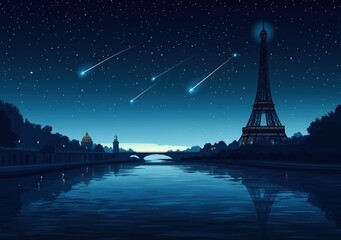 Beautiful night in paris with Eiffel tower nearby river and nice stars,generative AI illustration