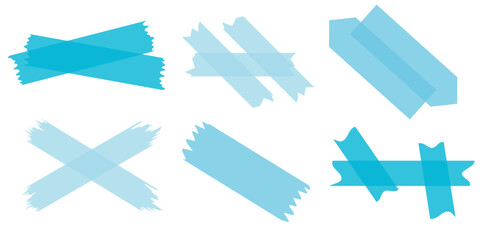 Set of blue semi-transparent washi tapes isolated on white. Washi tapes collection in vector. Pieces of decorative tape for scrapbooks. Torn paper